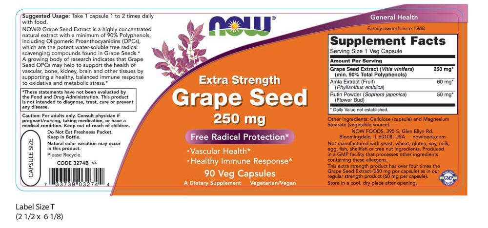 grape seed ประโยชน์, grape seed ราคา, grape seed ยี้ห้อไหนดีม, Now Foods, Grape Seed, Mega Potency, 250 mg, 90 Vcaps